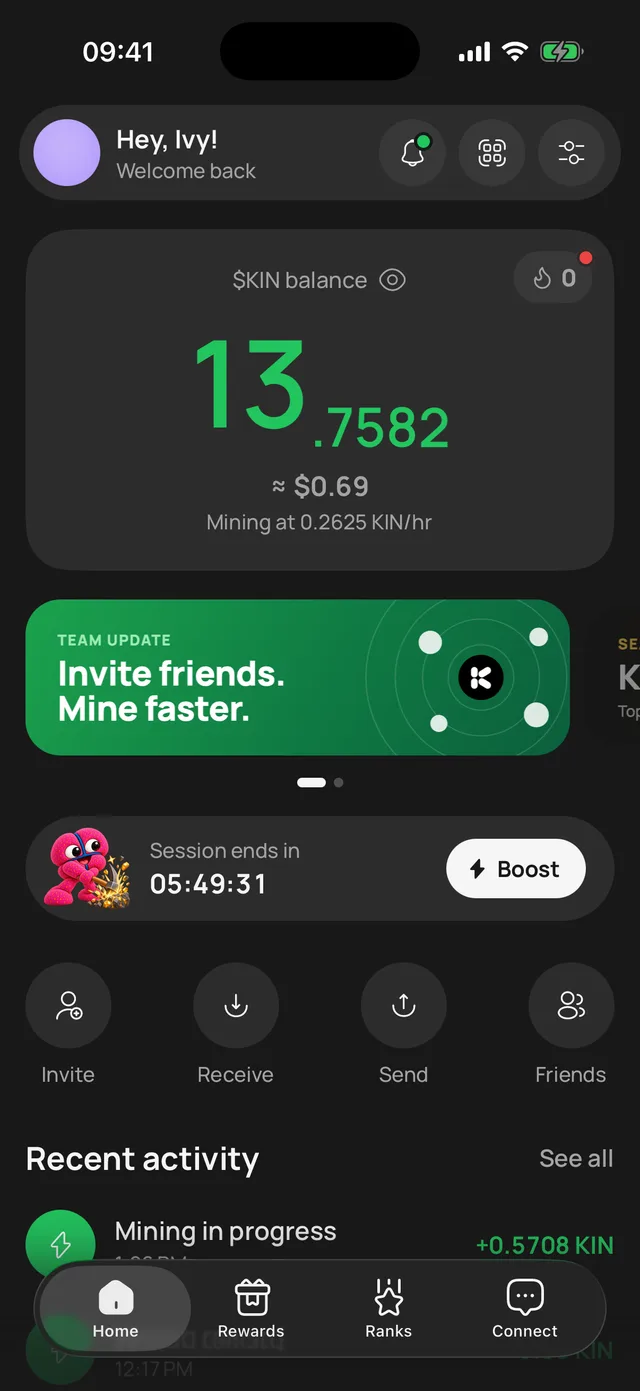 The Kin ID home screen