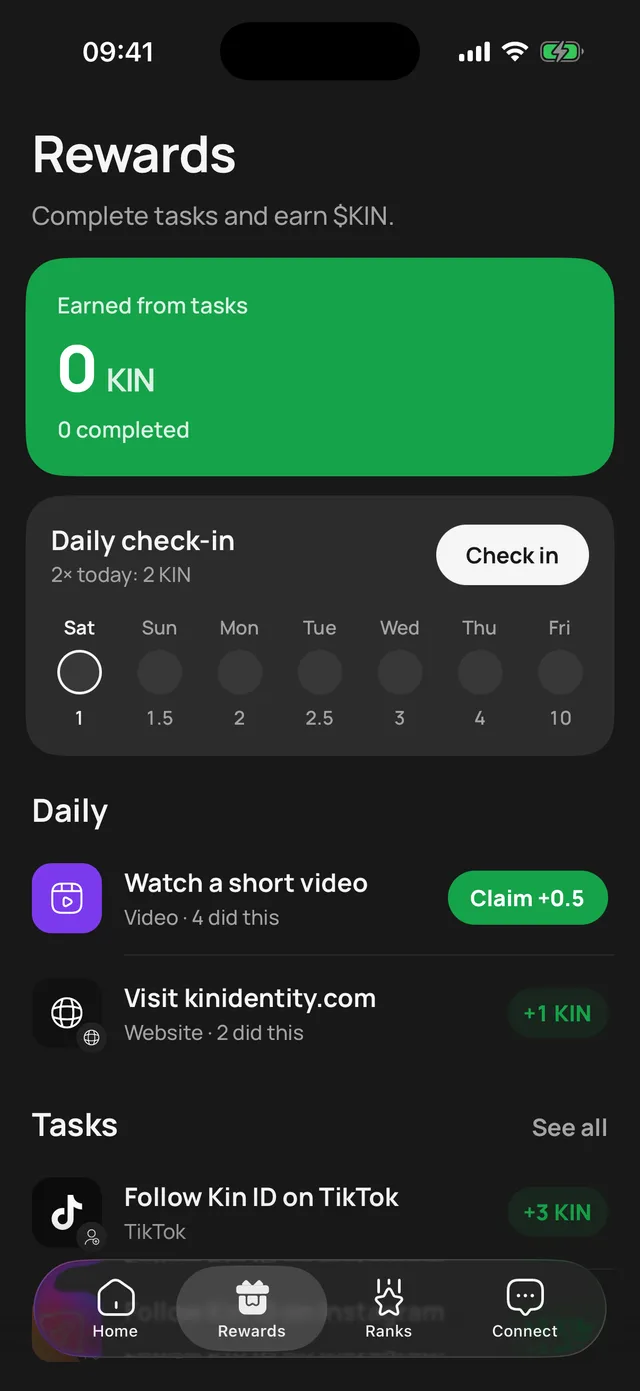 Kin ID rewards and daily check in