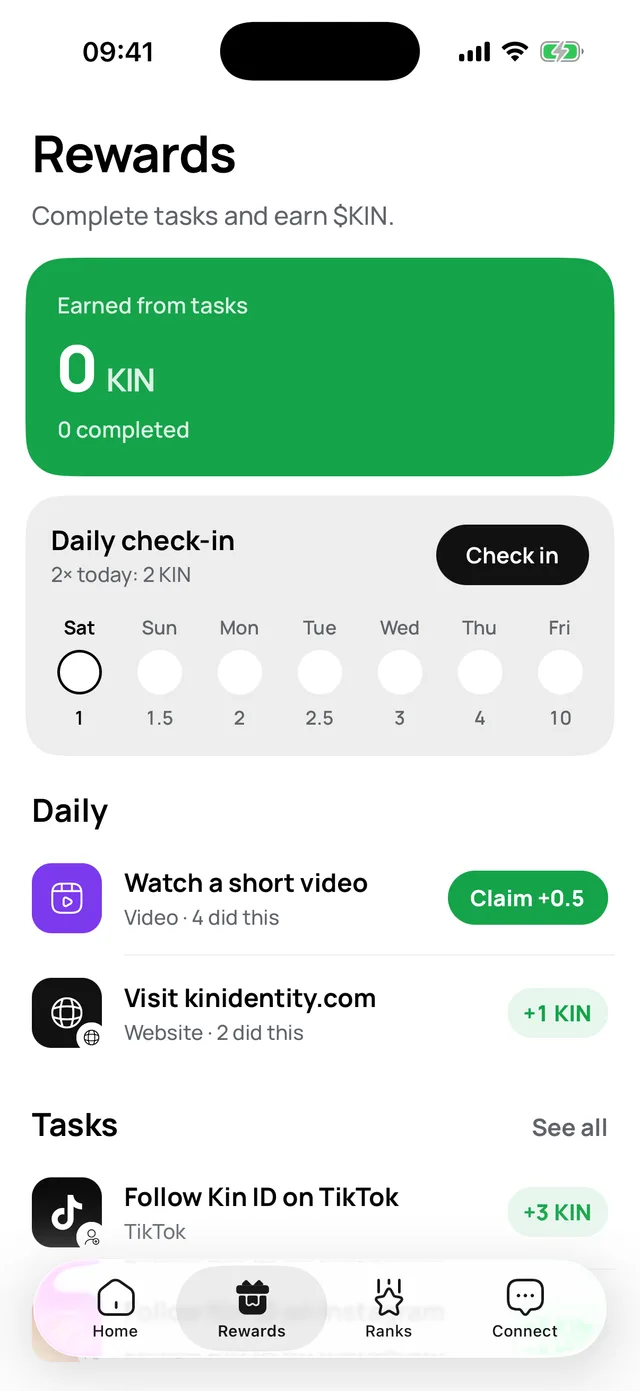 Kin ID rewards and daily check in
